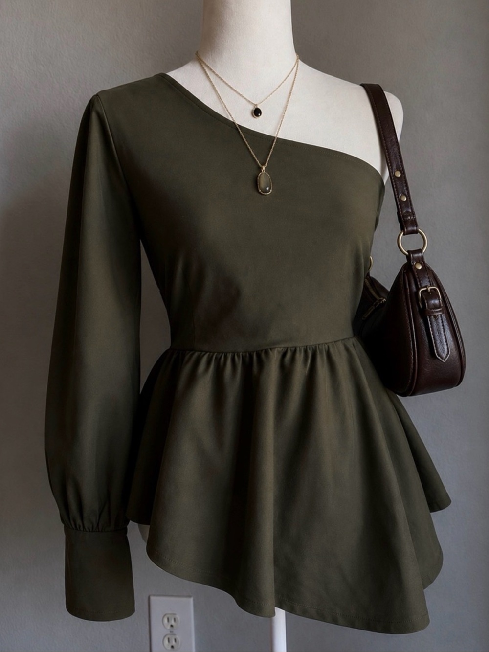 FORE Olive Green One Shoulder Asymmetrical Peplum Top Approx Small